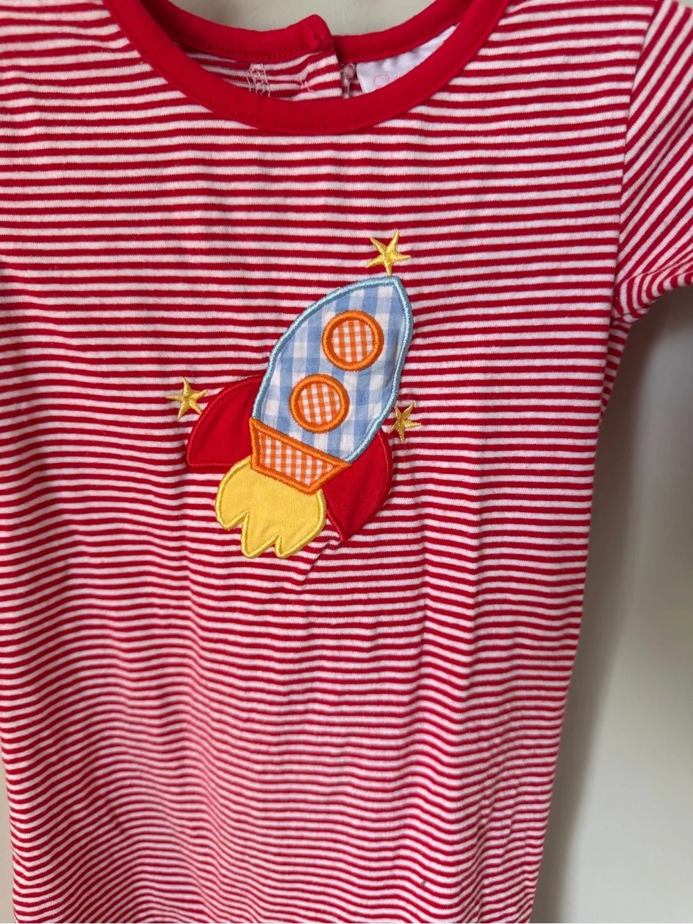 Stitchy Fish Unisex 6M Red White Stripe Rocket Appliqué Long Sleeve Romper